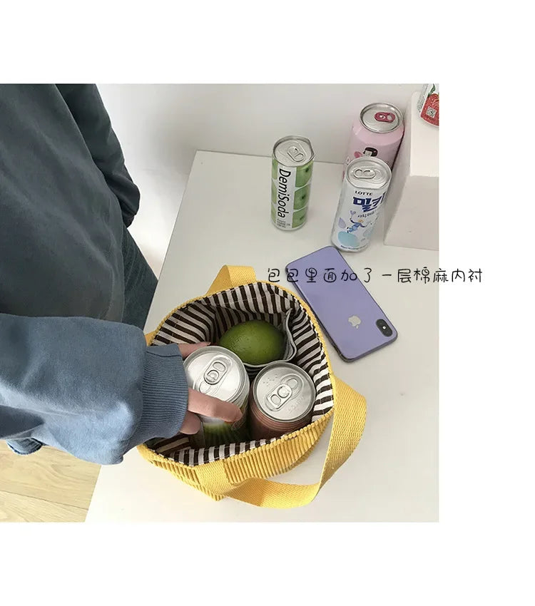 2025.Lunch Bag Corduroy Canvas Lunch Box Drawstring Picnic Food Storage Bags