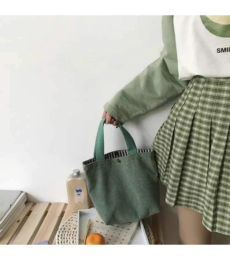 2025.Lunch Bag Corduroy Canvas Lunch Box Drawstring Picnic Food Storage Bags