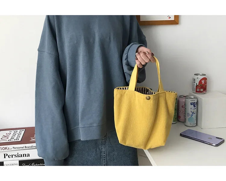 2025.Lunch Bag Corduroy Canvas Lunch Box Drawstring Picnic Food Storage Bags