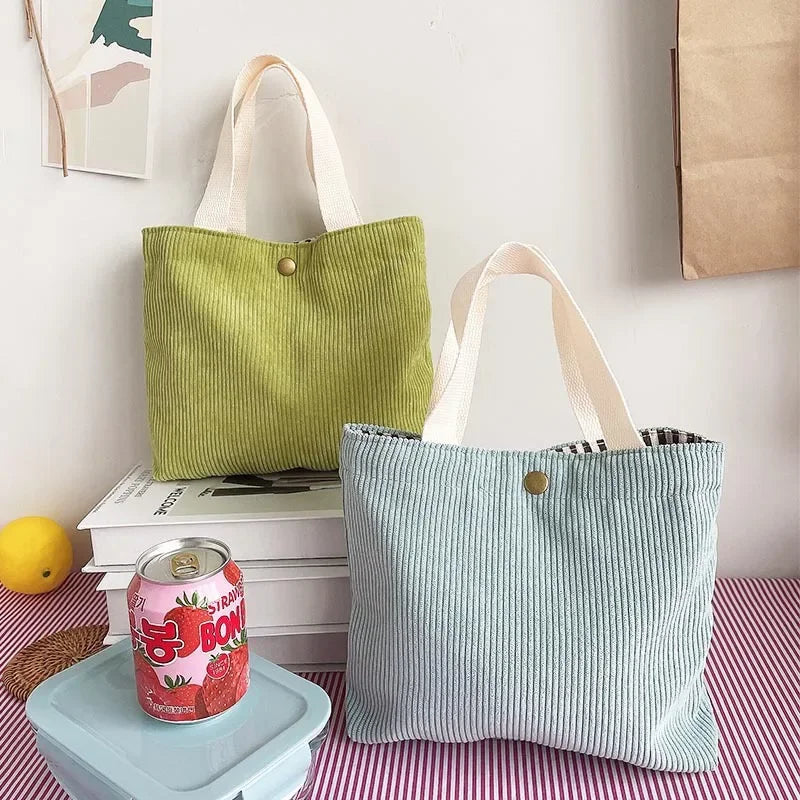 2025.Lunch Bag Corduroy Canvas Lunch Box Drawstring Picnic Food Storage Bags