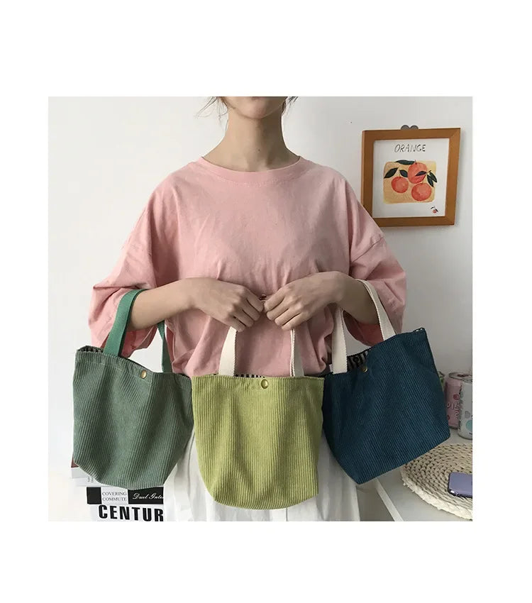 2025.Lunch Bag Corduroy Canvas Lunch Box Drawstring Picnic Food Storage Bags