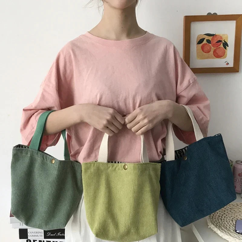 2025.Lunch Bag Corduroy Canvas Lunch Box Drawstring Picnic Food Storage Bags