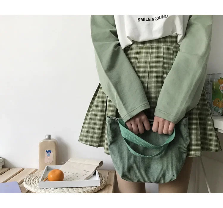 2025.Lunch Bag Corduroy Canvas Lunch Box Drawstring Picnic Food Storage Bags