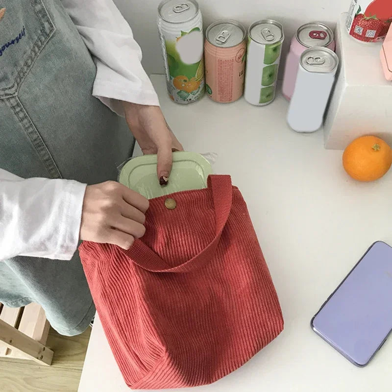 2025.Lunch Bag Corduroy Canvas Lunch Box Drawstring Picnic Food Storage Bags