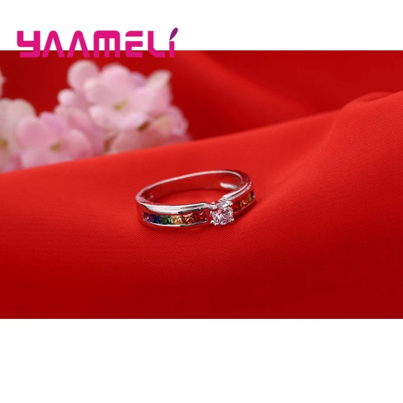 925 Sterling Silver Color Rainbow Cubic Zircon Rings For Women Wedding