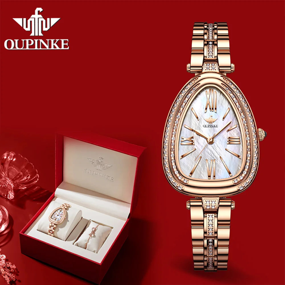 OUPINKE Luxury Women's Watches Waterproof Sapphire Mirror Diamond Dial Swiss Movement Quartz Women Watch Set Bracelet Necklace