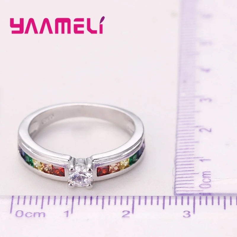 925 Sterling Silver Color Rainbow Cubic Zircon Rings For Women Wedding