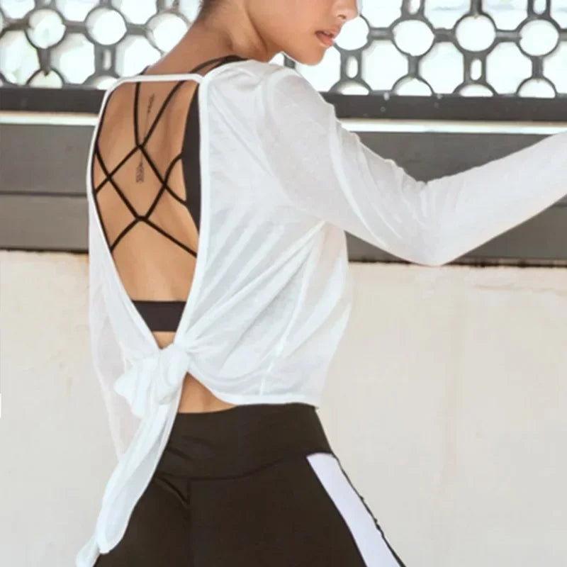 SEXY Back Sports Cover-up Women Long Sleeve Cycling Shirt Yoga