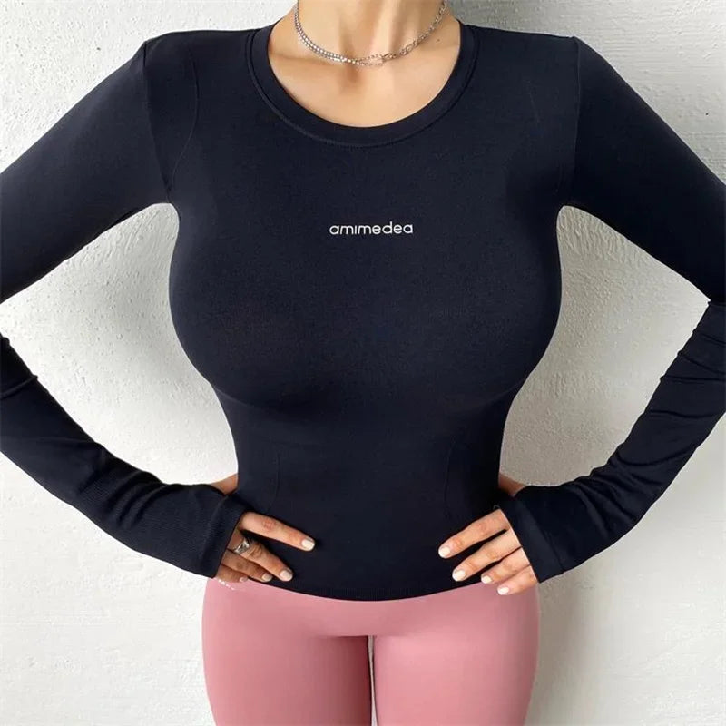 Solid Yoga Shirt Women Long Sleeve Blouse Sexy Girl Sports Gym