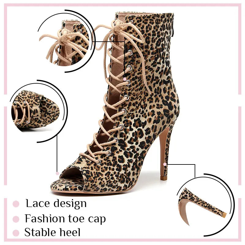 Ladies Dance Shoes Women's Salsa Dance Latin Pole Dance Boots Ladies Leopard Print High Heels GirlsLace-up Fish Mouth Short Boot