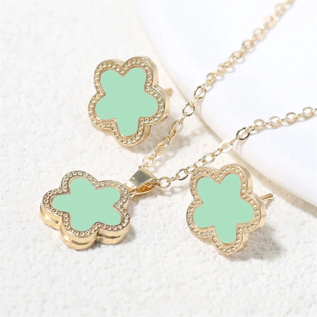 Luxury Set Women Clover Necklace Earring