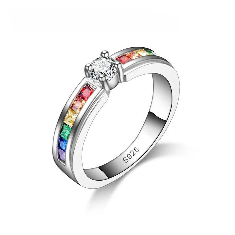 925 Sterling Silver Color Rainbow Cubic Zircon Rings For Women Wedding