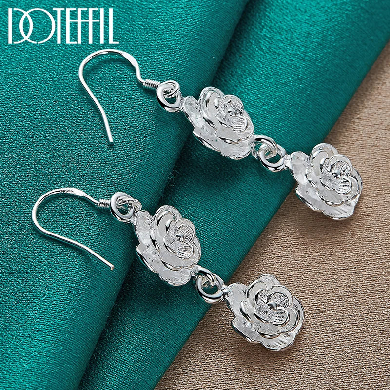 925 Sterling Silver Rose Flower Drop Earrings For Woman Wedding