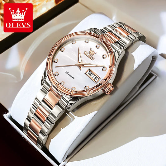 OLEVS Women's Watches Rose Gold Stainless Steel Fully Automatic Luxury Diamond Scale Calendar Ladies Watch