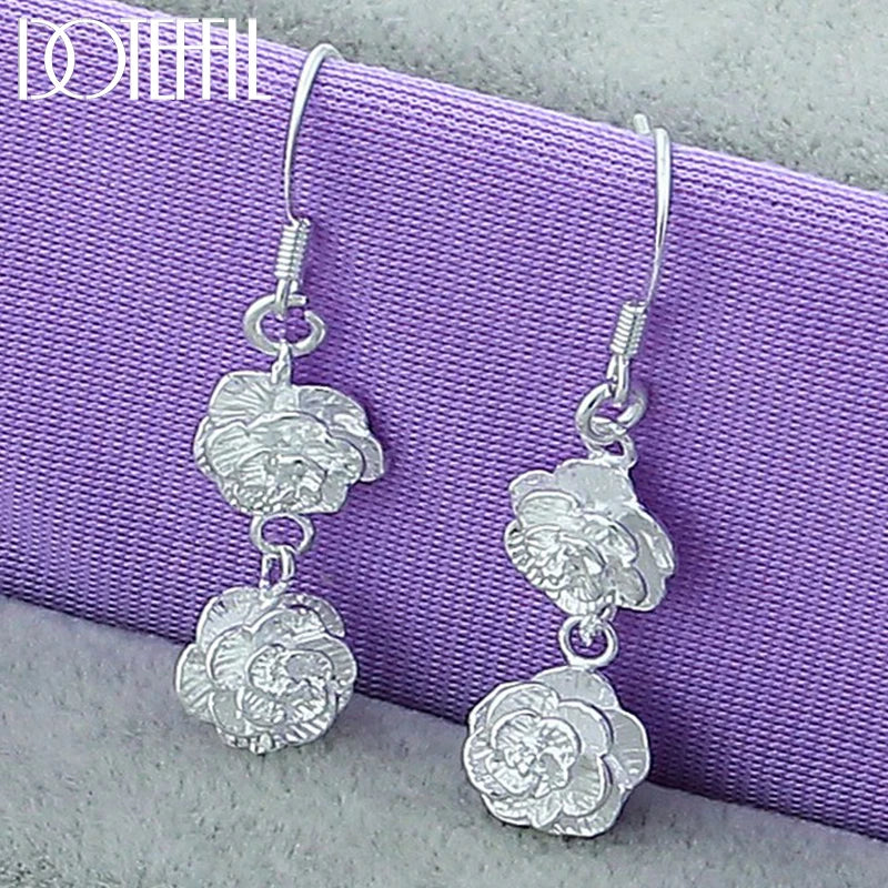 925 Sterling Silver Rose Flower Drop Earrings For Woman Wedding