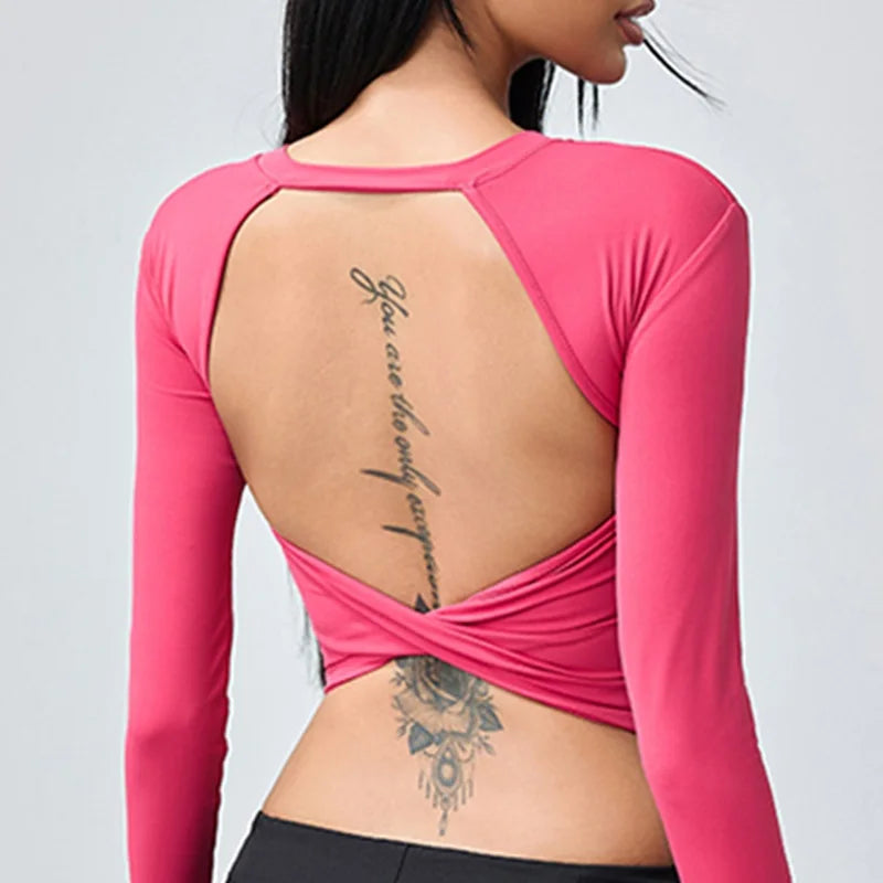 SEXY Back Yoga Shirt for Women Autumn Winter Long Sleeve Blouse Sports Gym Fitness