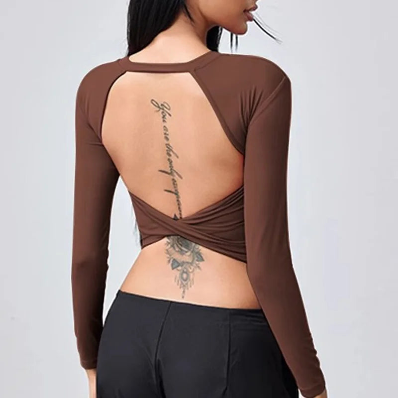 SEXY Back Yoga Shirt for Women Autumn Winter Long Sleeve Blouse Sports Gym Fitness