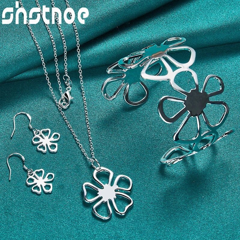 3pcs 925 Sterling Silver Flower Jewelry Sets Snowflake