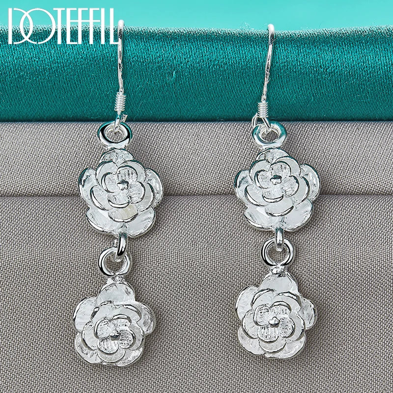 925 Sterling Silver Rose Flower Drop Earrings For Woman Wedding