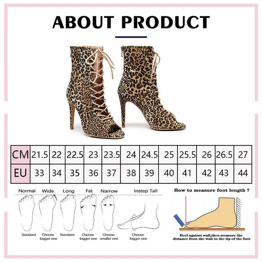 Ladies Dance Shoes Women's Salsa Dance Latin Pole Dance Boots Ladies Leopard Print High Heels GirlsLace-up Fish Mouth Short Boot