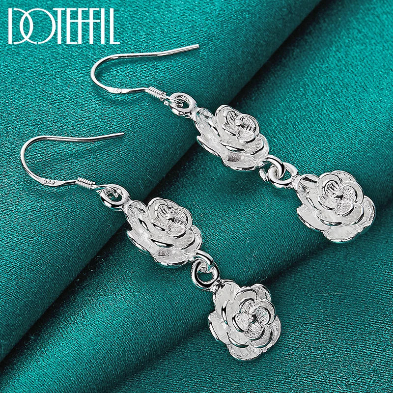 925 Sterling Silver Rose Flower Drop Earrings For Woman Wedding