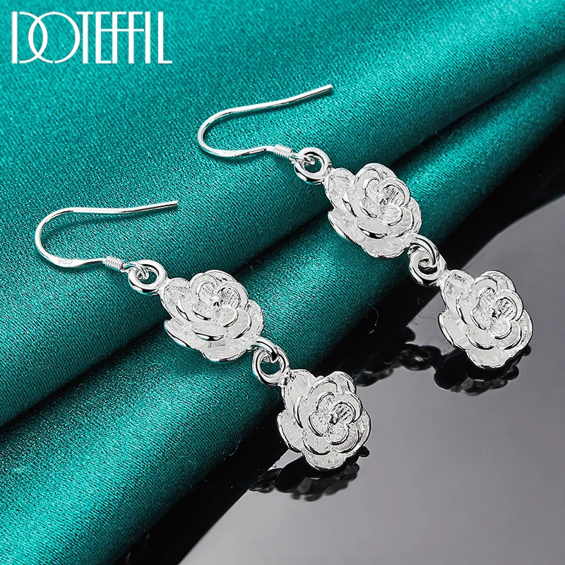 925 Sterling Silver Rose Flower Drop Earrings For Woman Wedding