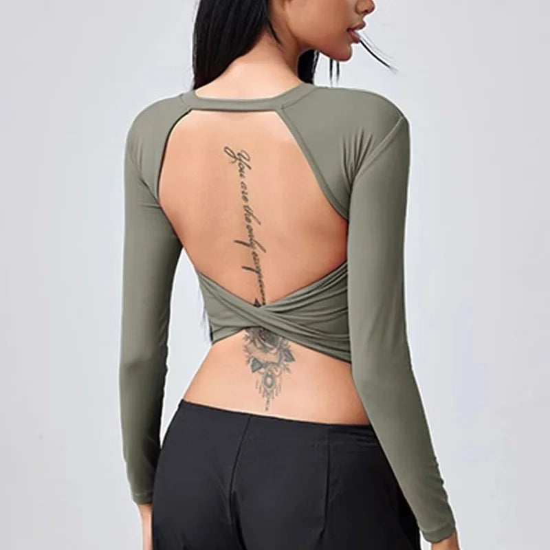 SEXY Back Yoga Shirt for Women Autumn Winter Long Sleeve Blouse Sports Gym Fitness